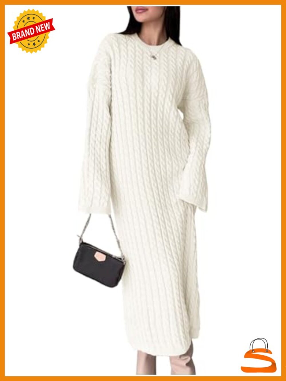 Oversized Cable Knit Long Sleeve Sweater Dress Crew Neck Midi Slit